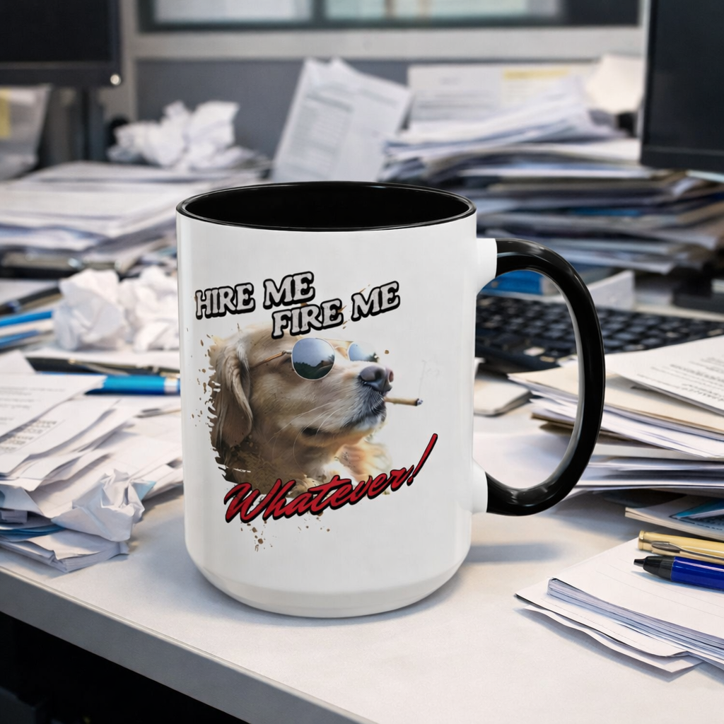 Mug with a humorous design of a dog and text on an office desk. Hire Me. Fire Me. Whatever! Funny 15oz Coffee Mug