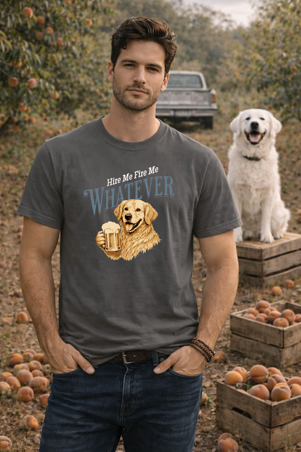 Man wearing a t-shirt with a graphic of a dog holding a beer mug and text, standing in an orchard.
