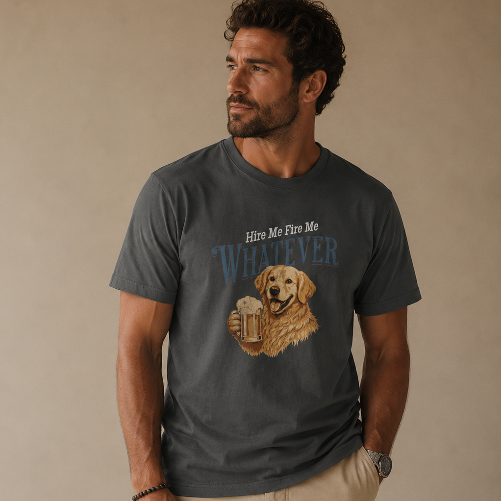 A man wearing a dark gray graphic t-shirt with a golden retriever holding a beer mug and the text 'Him Me Fire Me Whatever'.