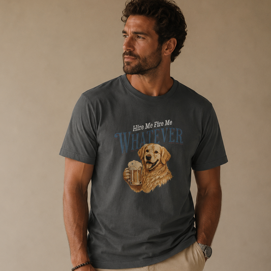 A man wearing a dark gray graphic t-shirt with a golden retriever holding a beer mug and the text 'Him Me Fire Me Whatever'.