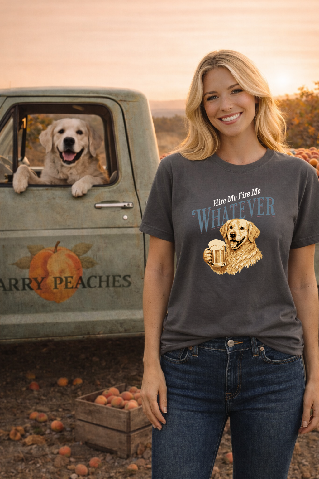Woman wearing a t-shirt with a dog graphic and text, standing next to a truck with a dog in the window.