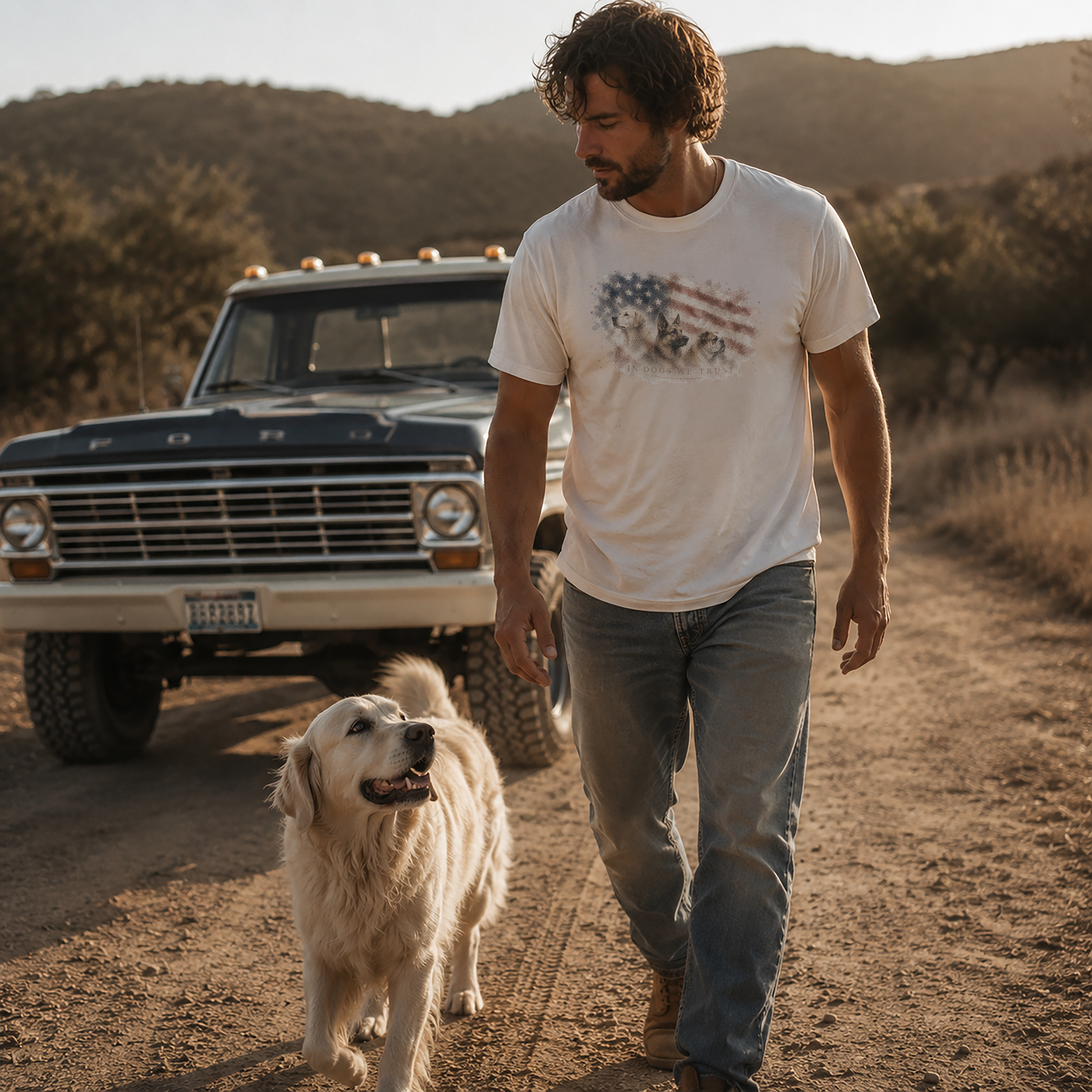 Old Pick Up Truck Golden Retriever and Man American Flag TShirt