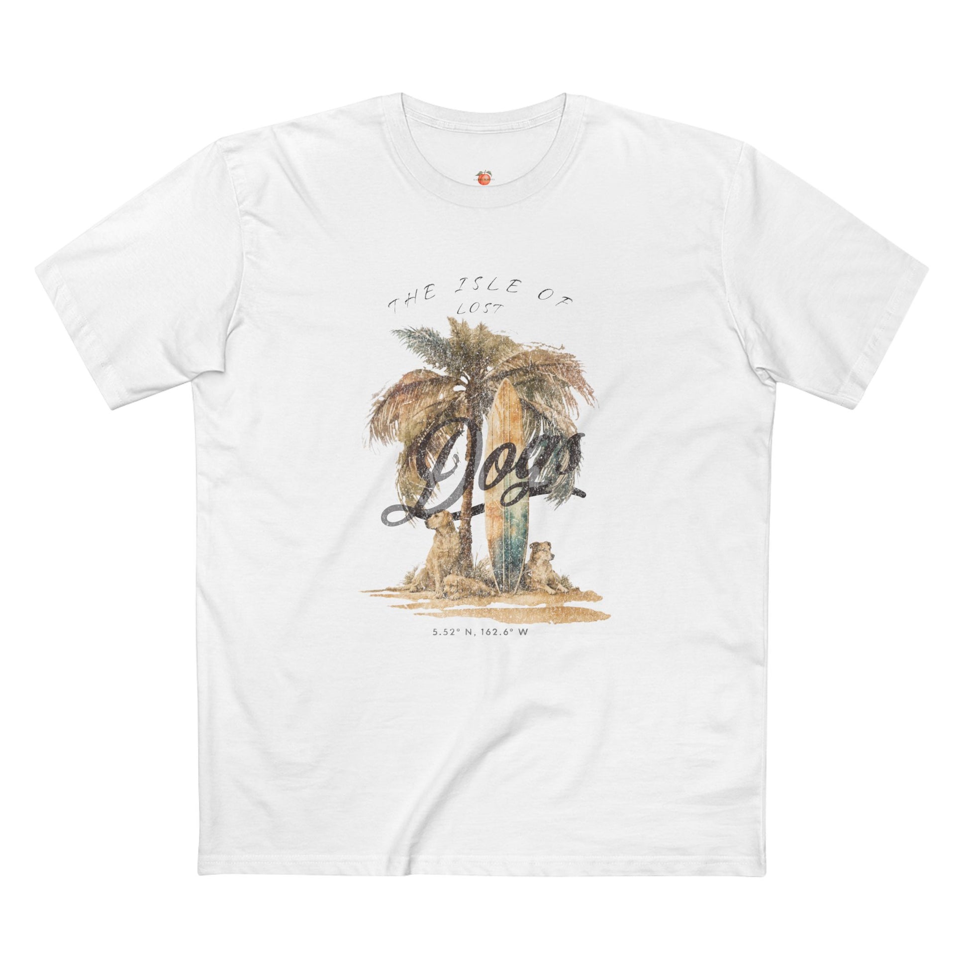 White t-shirt with palm tree design and text on a white background