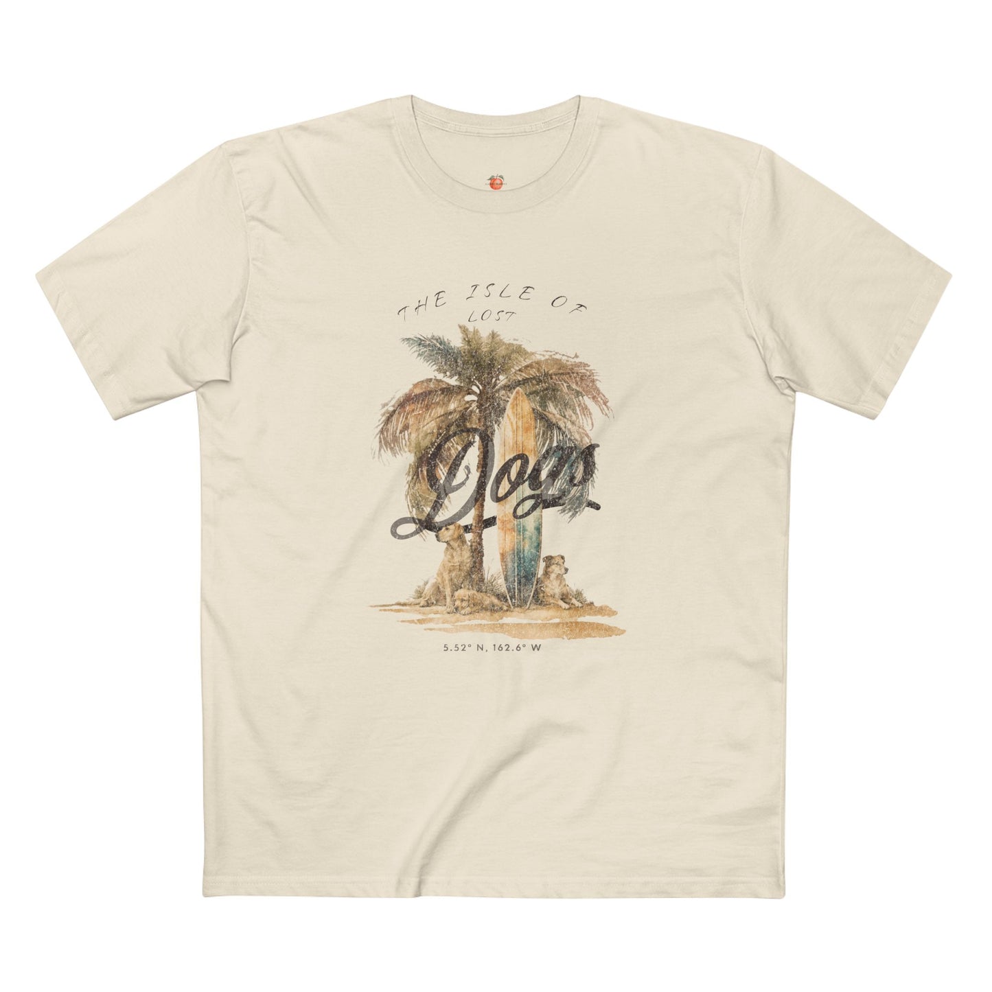 Beige t-shirt with palm tree graphic and text on a white background