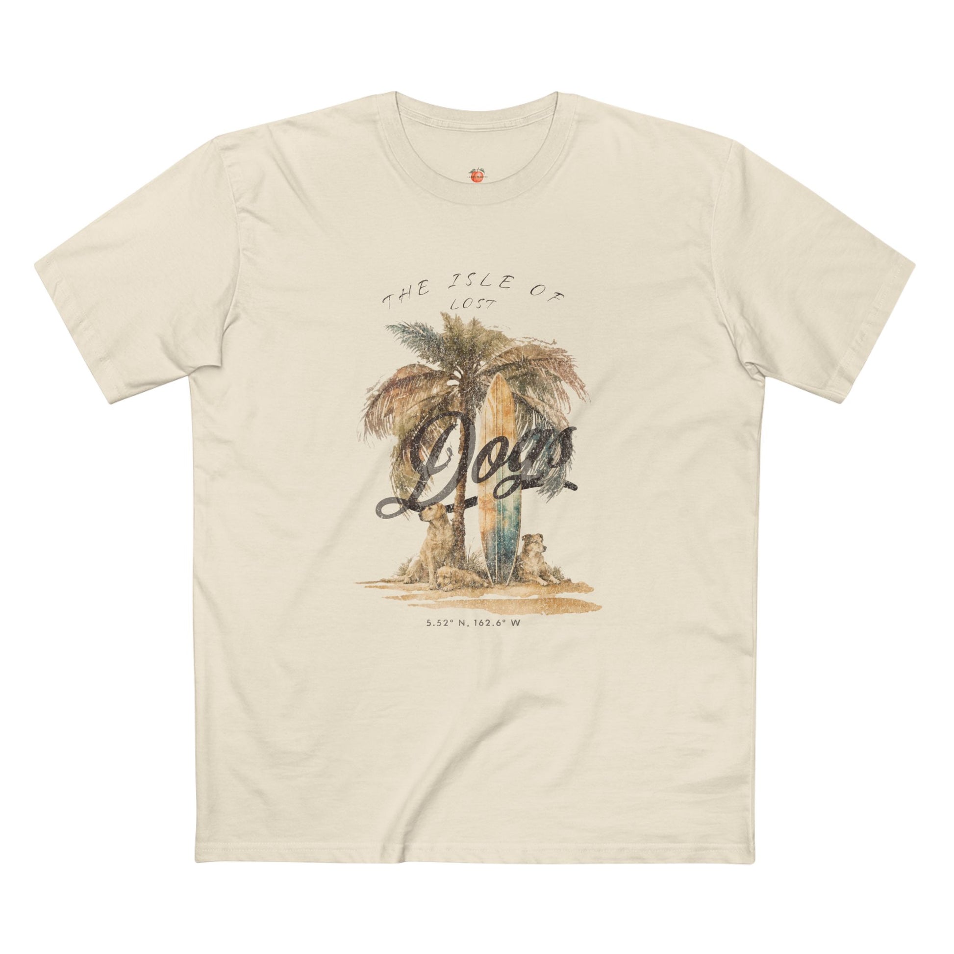 Beige t-shirt with palm tree graphic and text on a white background