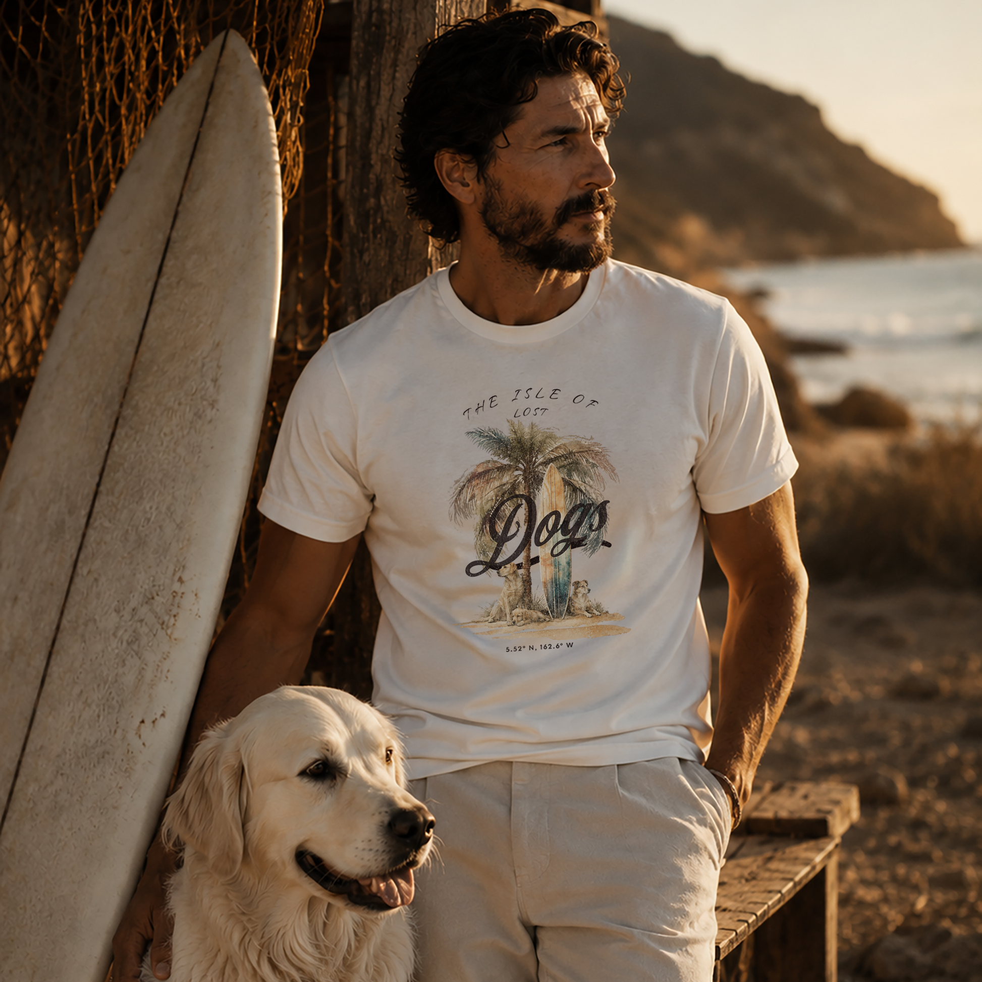 Man with a beard wearing a white t-shirt and beige pants sitting on a wooden bench with a dog on a beach.