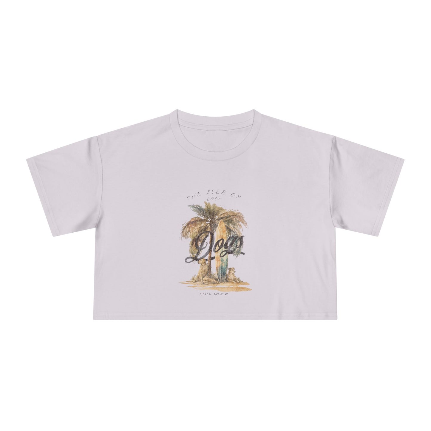 White t-shirt with palm tree design and text on a white background
