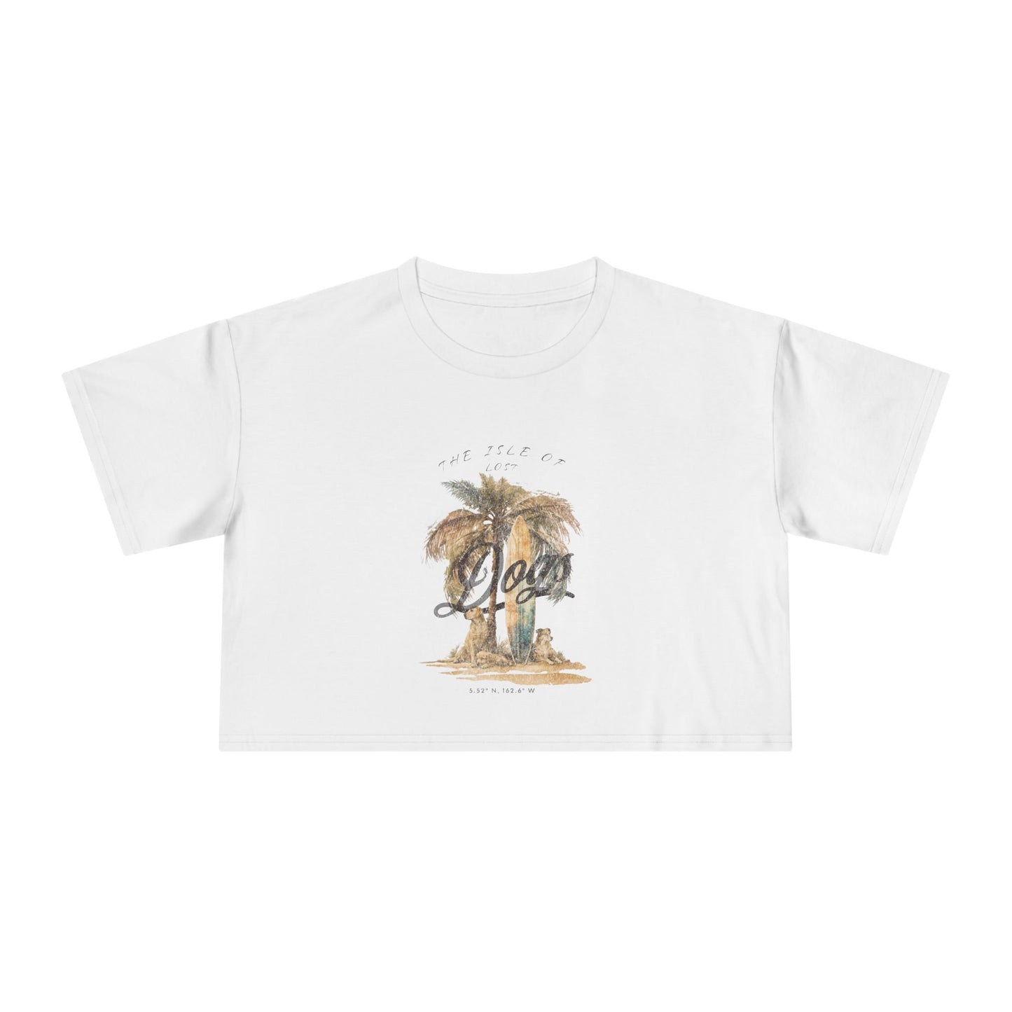 White t-shirt with palm tree graphic and text on a white background