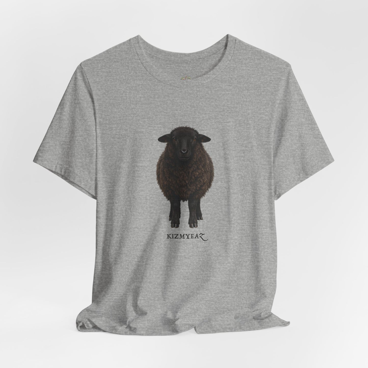 Gray t-shirt with a black sheep graphic on a white background
