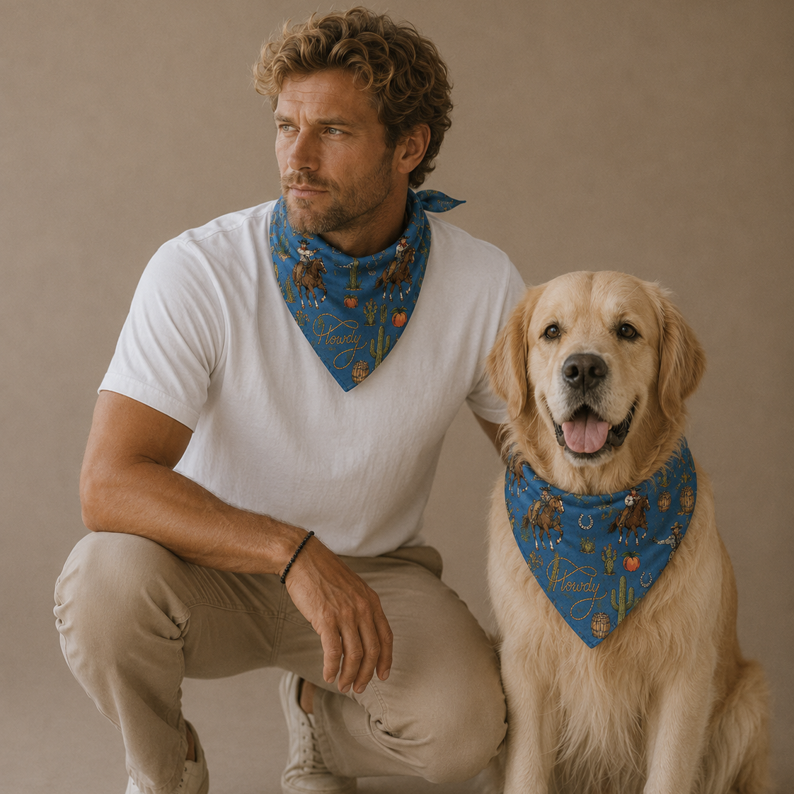 A man and a golden retriever dog crouching together against a plain beige studio background, both wearing blue patterned bandanas. The man wears a white t-shirt and beige pants, while the dog wears a white shirt underneath and beige pants.