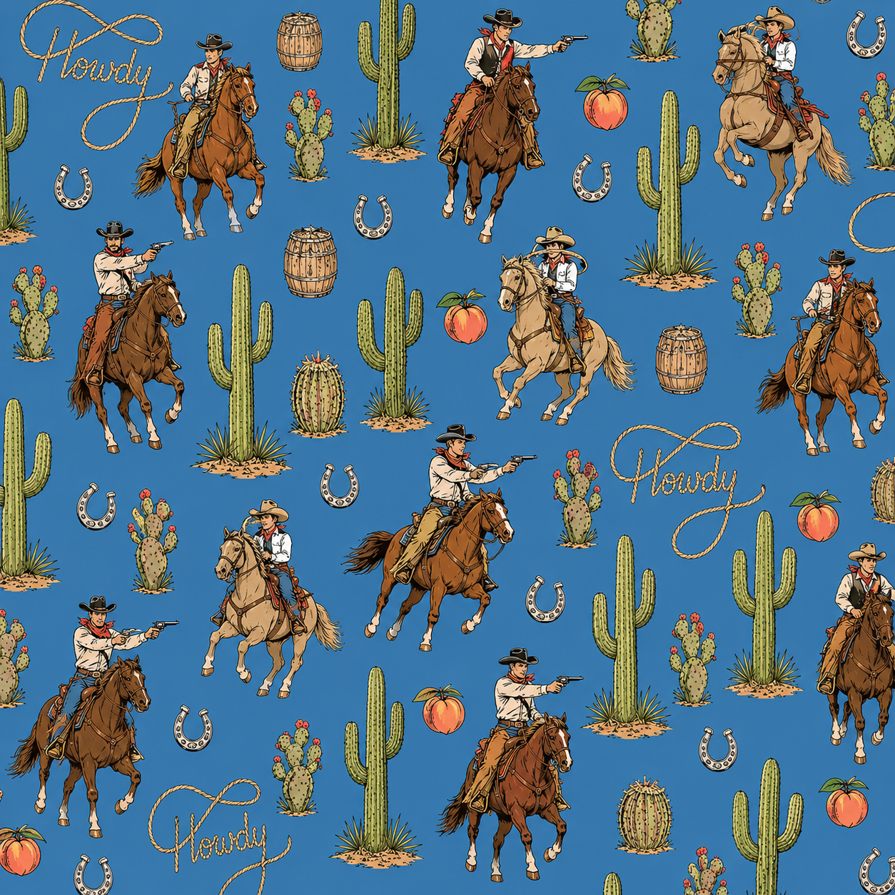 A repeating western-themed pattern on a medium blue background, featuring cowboys on brown and beige horses, green cacti, small orange pumpkins, horseshoes, barrels, and the word 'Cowboy' in cursive script.