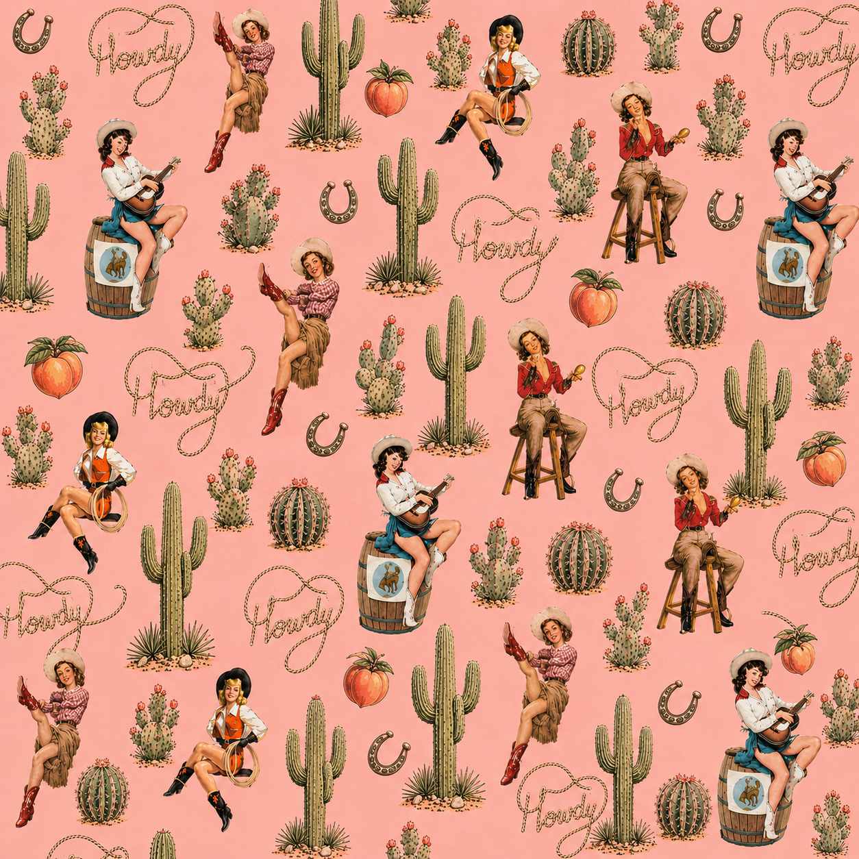 A repeating Western-themed pattern on a pink background, featuring illustrated women playing instruments, cacti, horseshoes, acorns, and the word 'Howdy' in script.