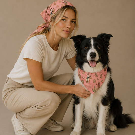 A woman crouches beside a black-and-white dog against a plain beige studio background. The woman wears a light pink patterned headscarf and white outfit, and the dog wears a matching pink patterned bandana.