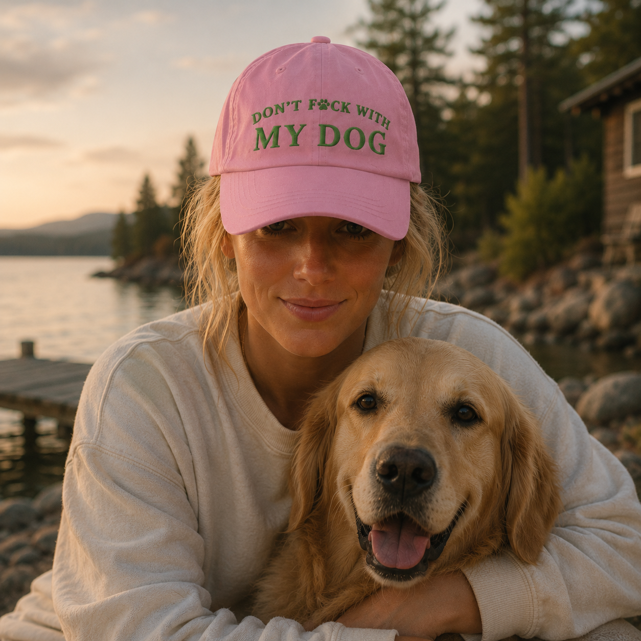 Woman wearing a pink cap with text and holding a dog by a lake at sunset.
