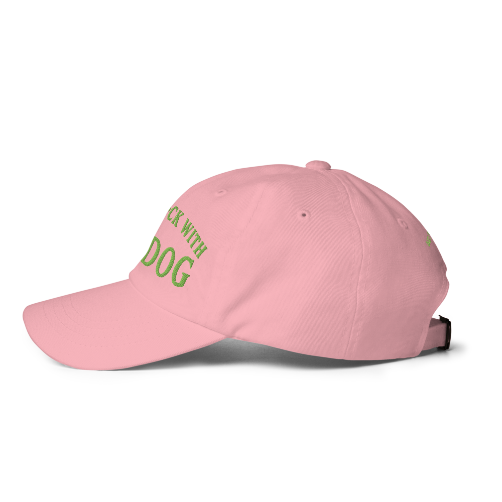 White cap with green logo on a white background