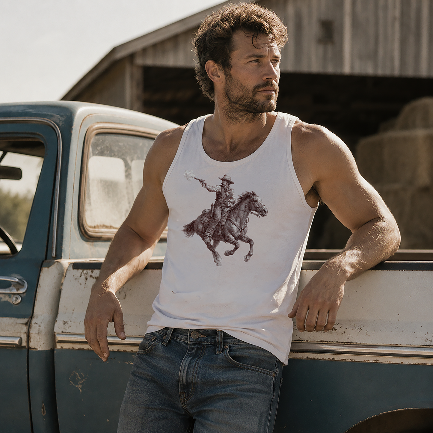 man cowboy pickup truck wearing tank top