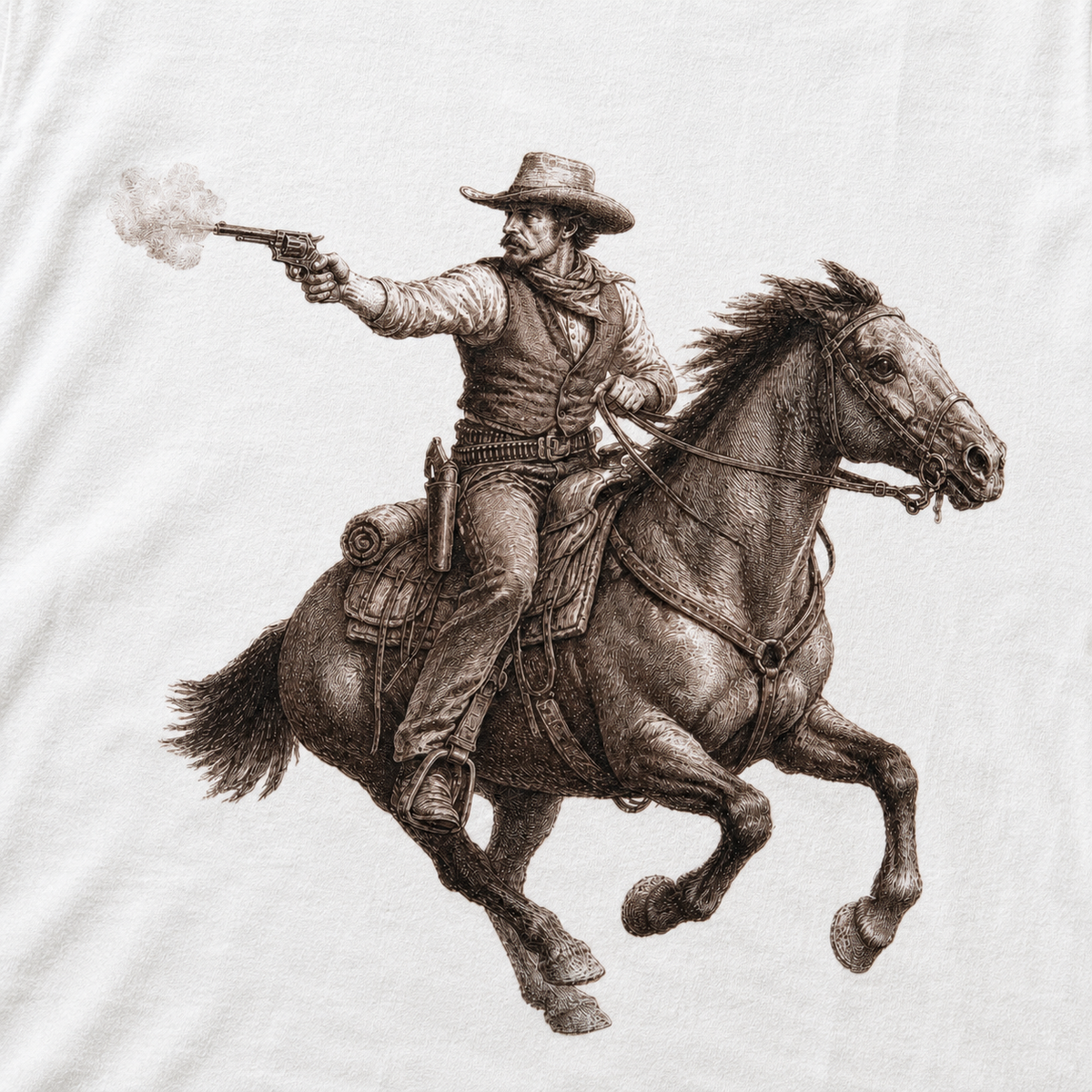 A white t-shirt featuring a detailed sepia-toned graphic print of a cowboy riding a galloping horse and pointing a revolver.