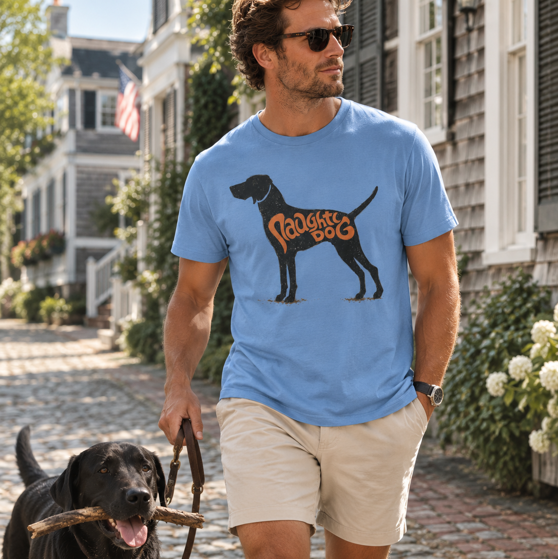 A man wearing a light blue graphic t-shirt with a black dog silhouette and the words 'Puppy Dog' in orange, walking a black dog on a cobblestone street.