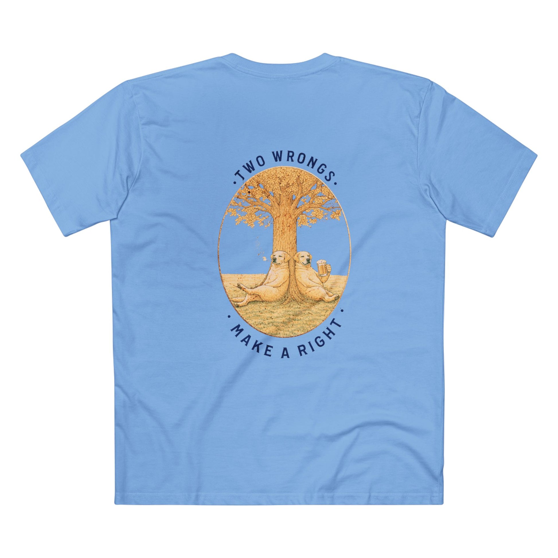 A light blue short-sleeve t-shirt shown from the back, featuring a circular graphic print of two lions under a tree with the text 'TWO WRONGS. MAKE A RIGHT.