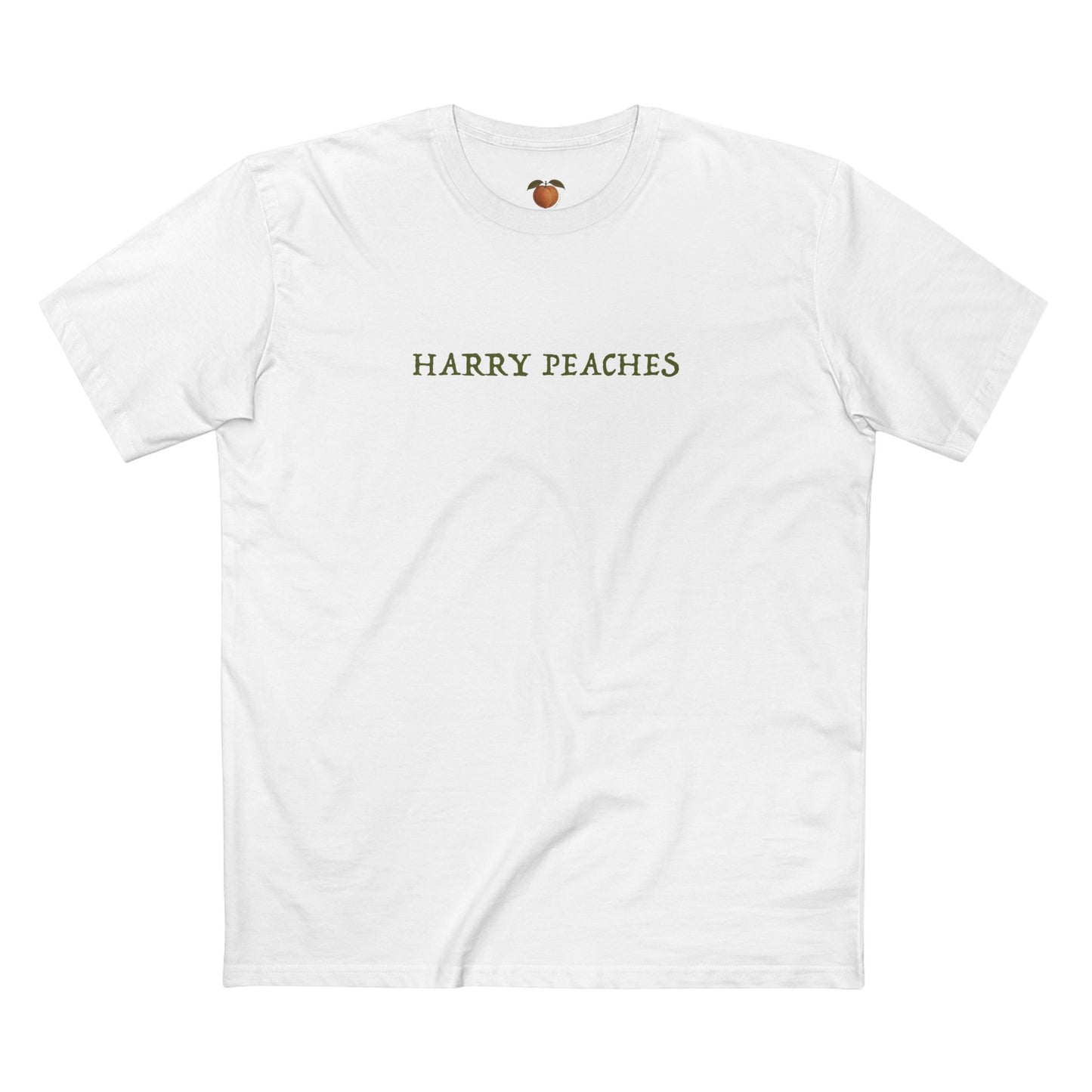 A white short-sleeve crewneck t-shirt featuring the text 'HARRY PEACHES' printed in olive green across the chest, with a small peach graphic printed inside the collar.