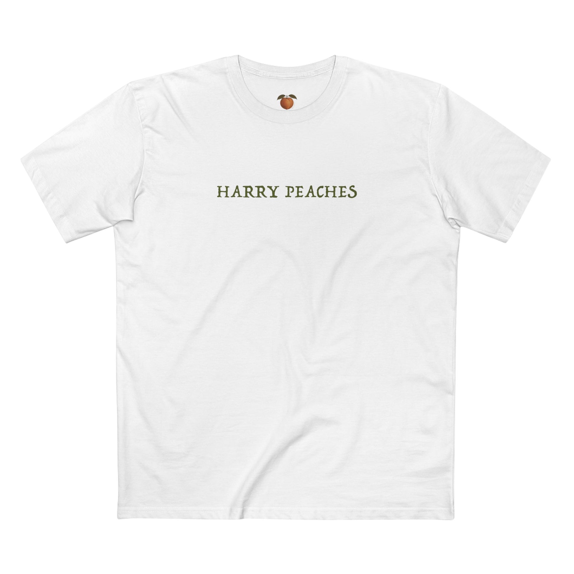 A white short-sleeve crewneck t-shirt featuring the text 'HARRY PEACHES' printed in olive green across the chest, with a small peach graphic printed inside the collar.