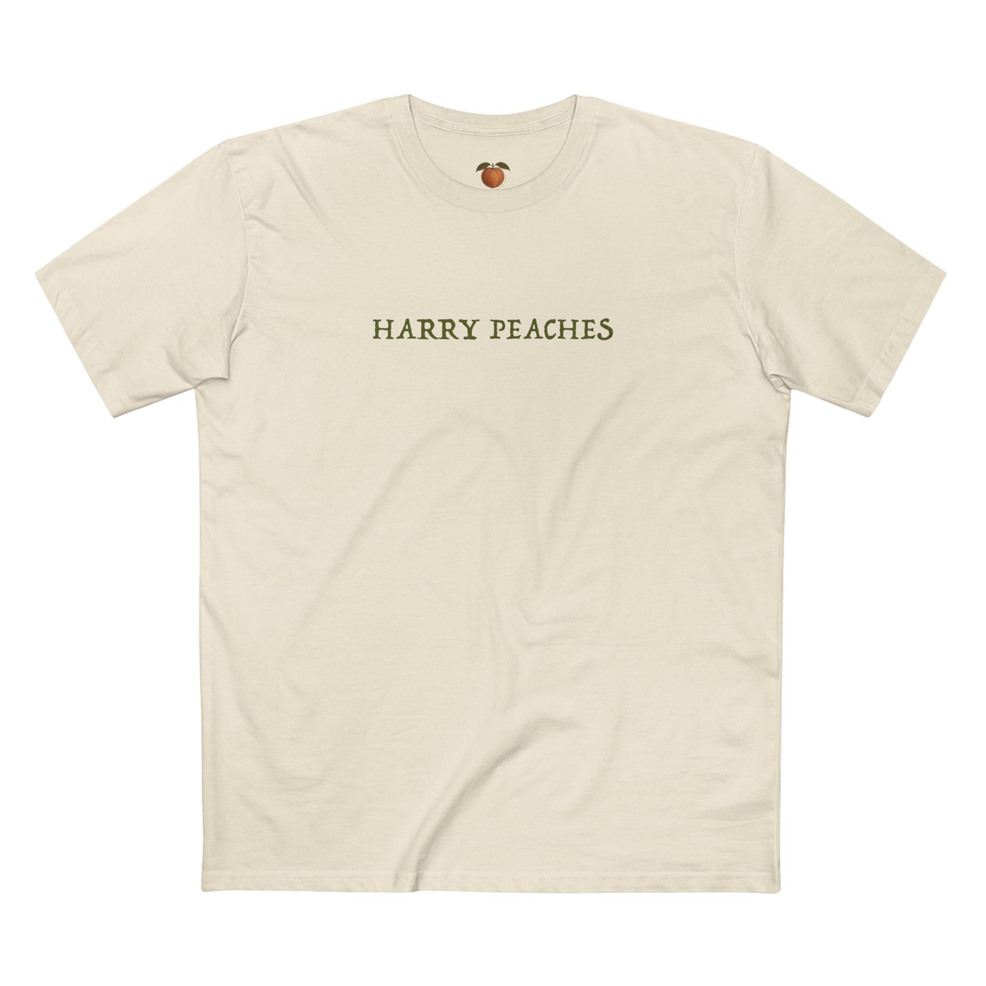 A light beige crewneck t-shirt with the word 'PRAY' printed in a small, gray serif font on the chest, displayed flat against a white background.
