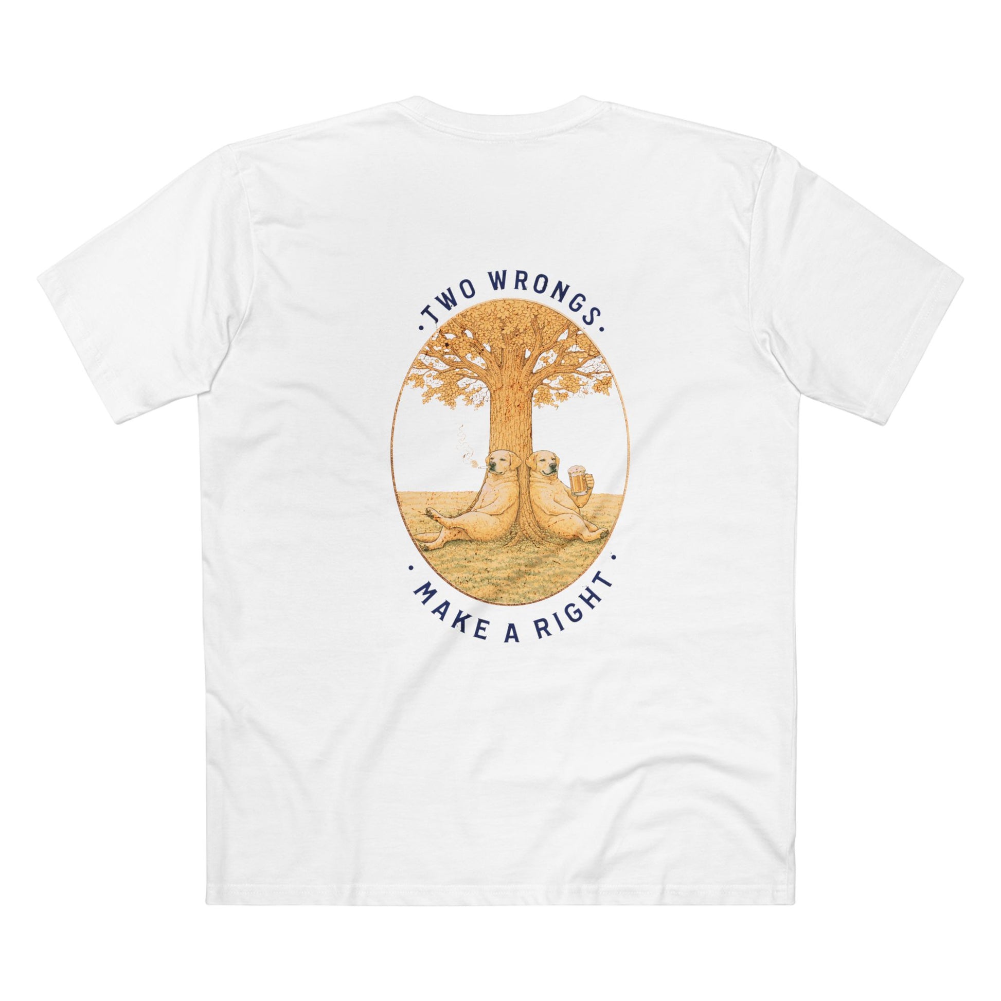 A white short-sleeve t-shirt shown from the back, featuring a circular graphic print in the center. The graphic depicts two seals sitting under a tree with the text 'TWO WRONGS.