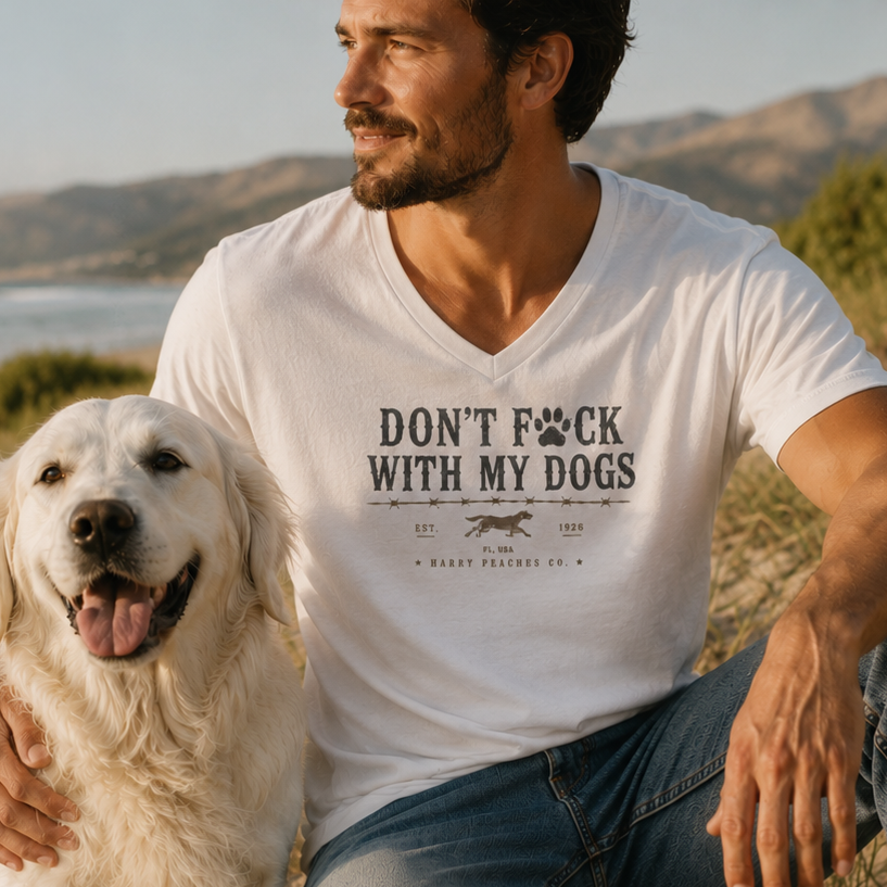 Man wearing a white t-shirt with a dog-themed graphic and text, sitting outdoors with a dog.