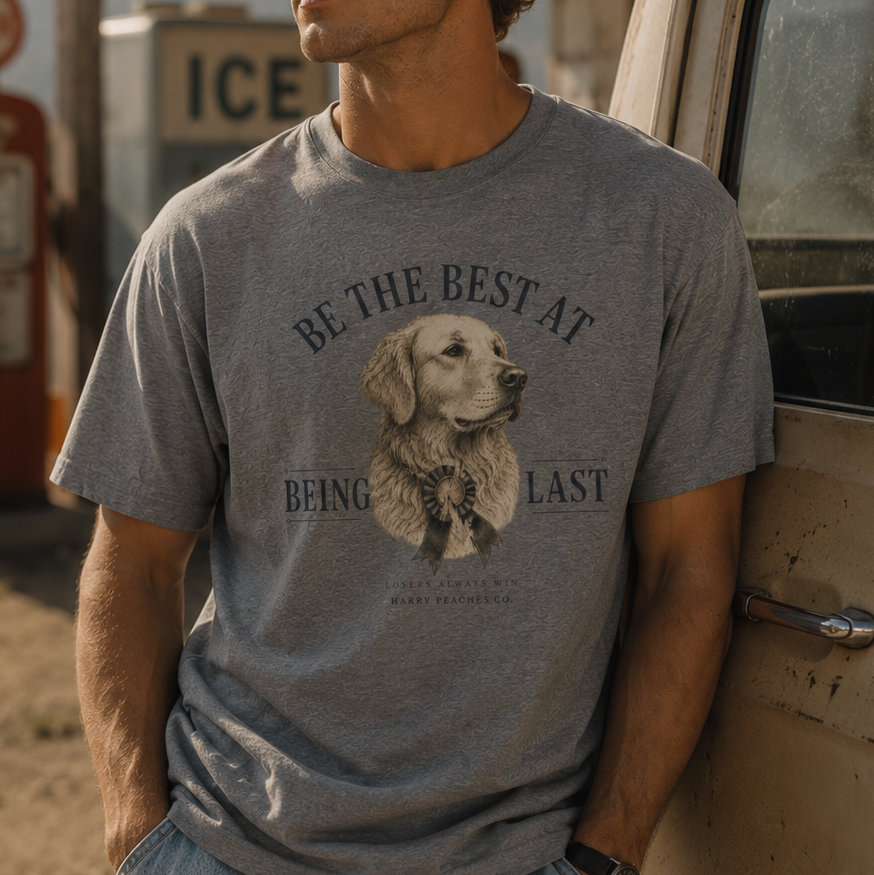 Person wearing a gray t-shirt with a dog graphic and text, leaning against a vehicle.