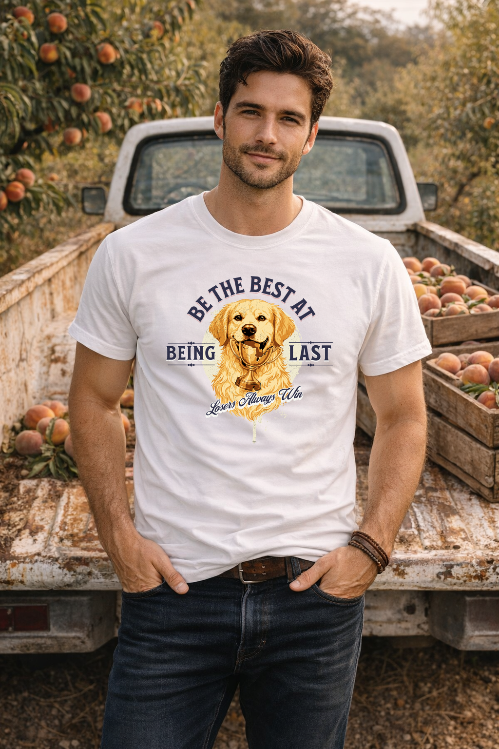 Man wearing a white t-shirt with a dog graphic and text, standing in front of a truck with fruit.