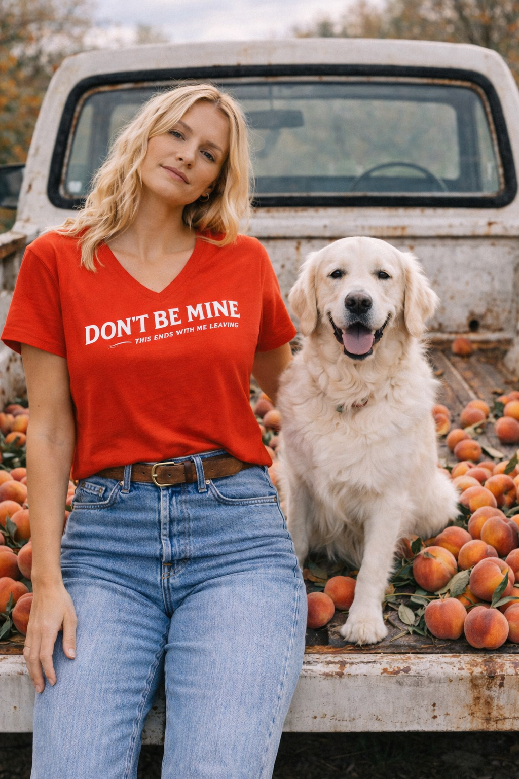 Woman wearing a red 'DON'T BE MINE' shirt with a dog in a truck bed filled with peaches.