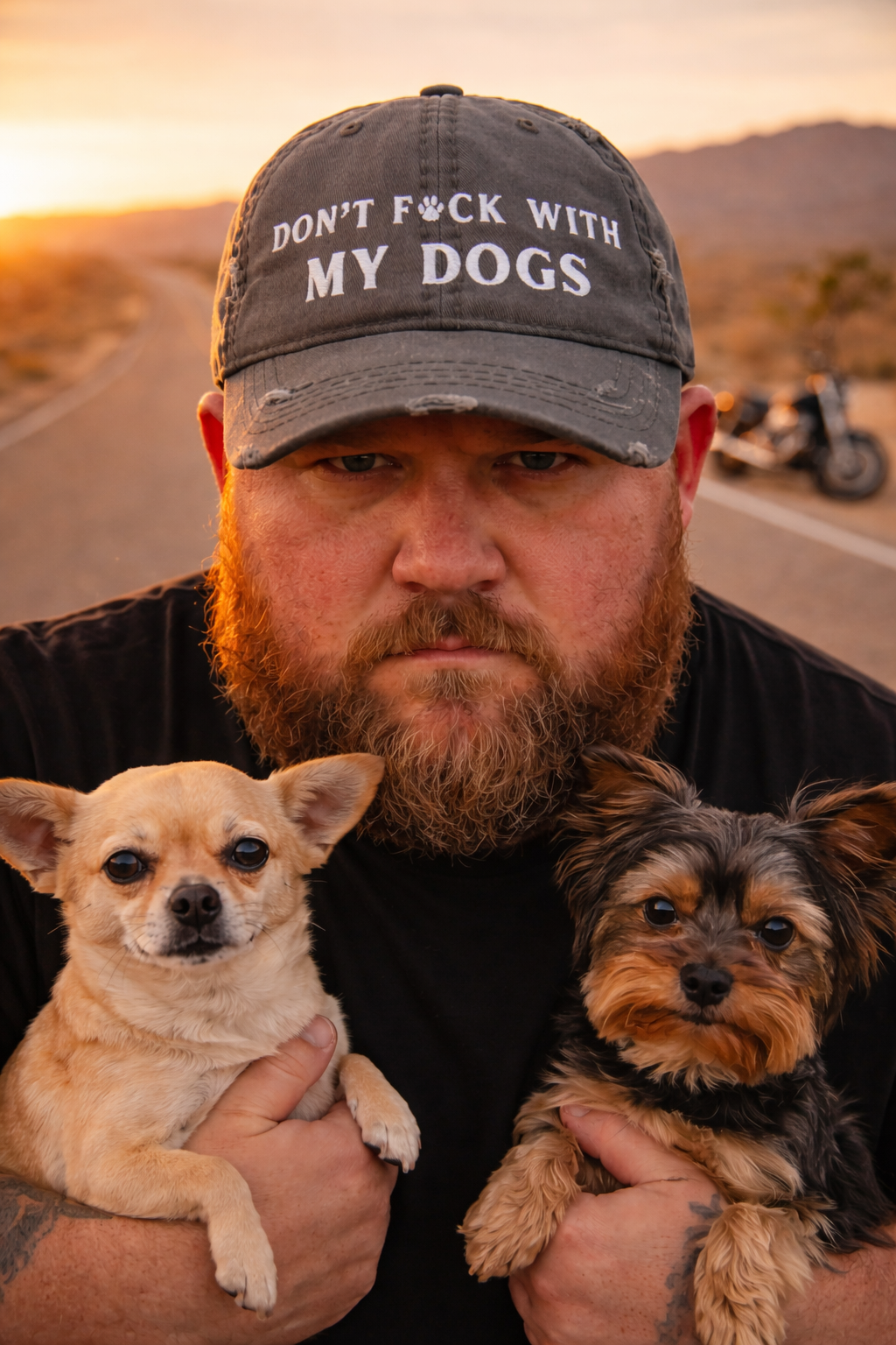 Man holding two small dogs with a cap that reads 'Don't Fuck with My Dogs' on a road with mountains in the background.