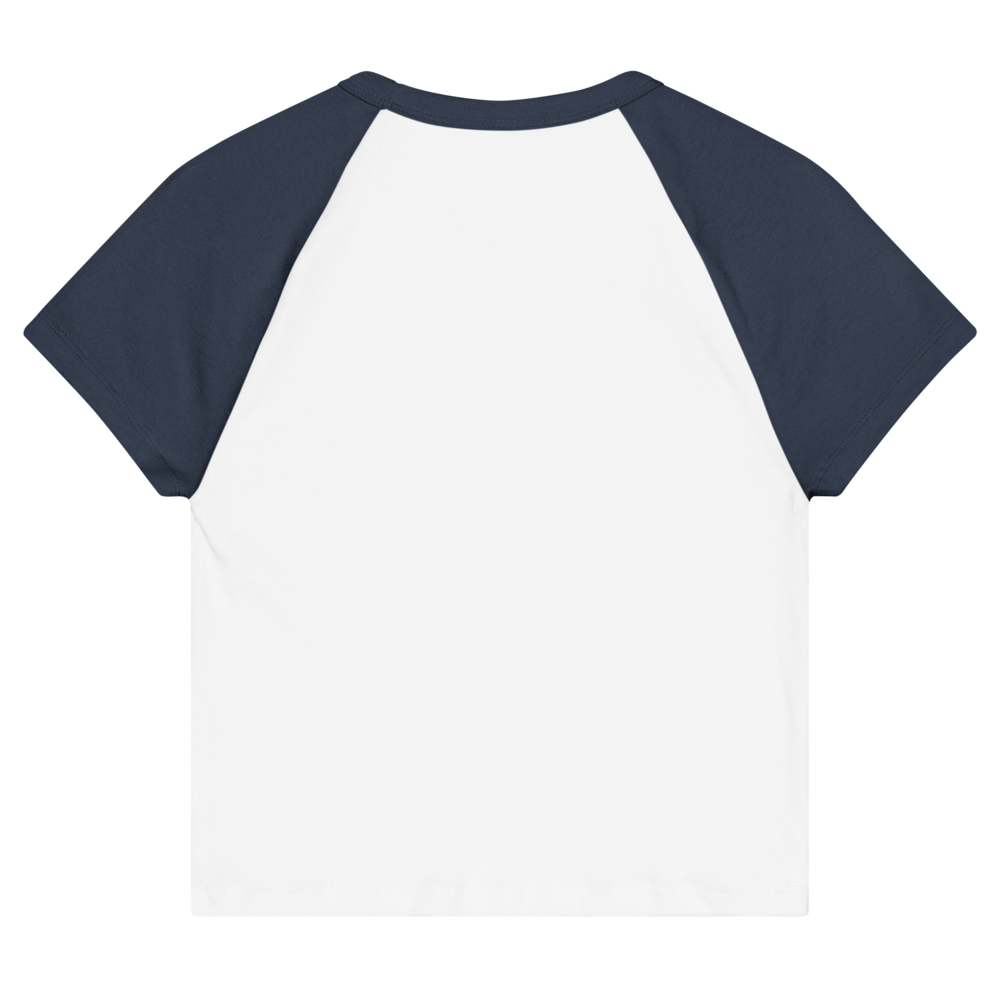 White t-shirt with navy sleeves on a white background